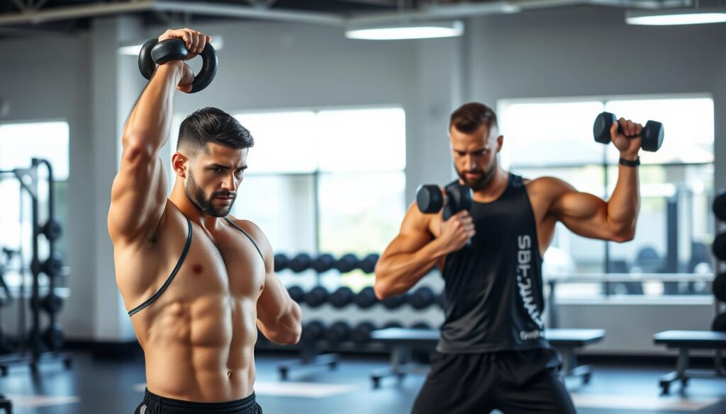 avancerede skulderøvelser med håndvægte og kettlebell