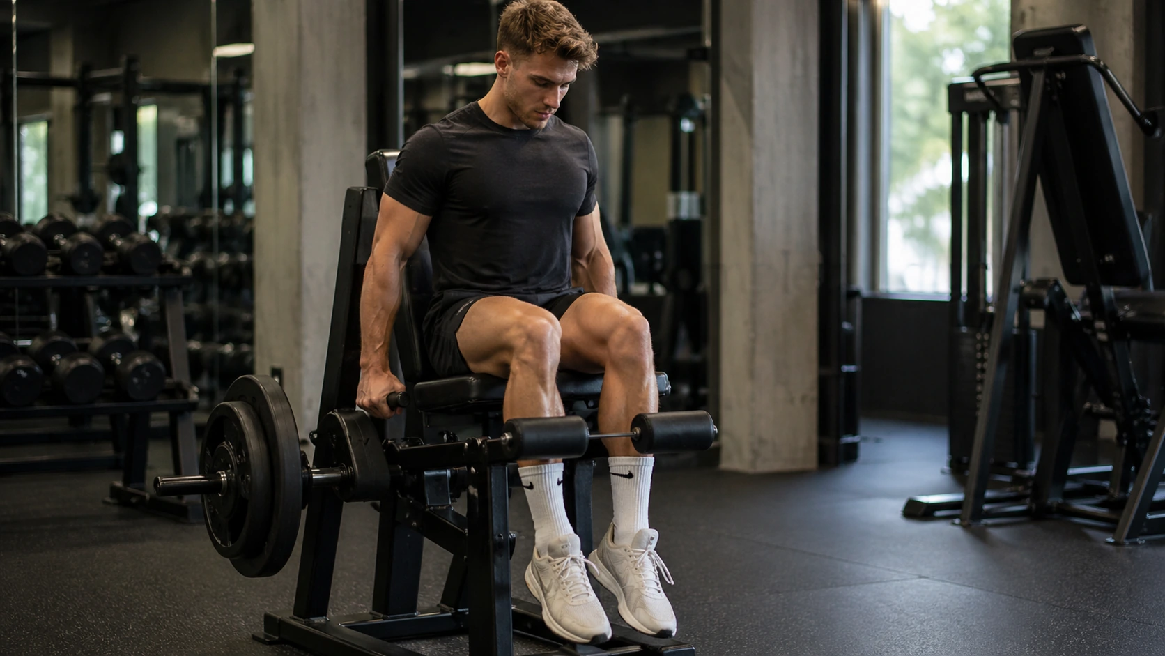 Mand laver leg extension i fitnesscenter som en af de bedste øvelser til ben.
