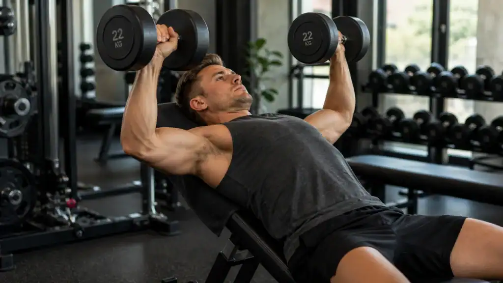 Mand laver incline dumbbell press i fitnesscenter som en af de bedste øvelser til bryst.