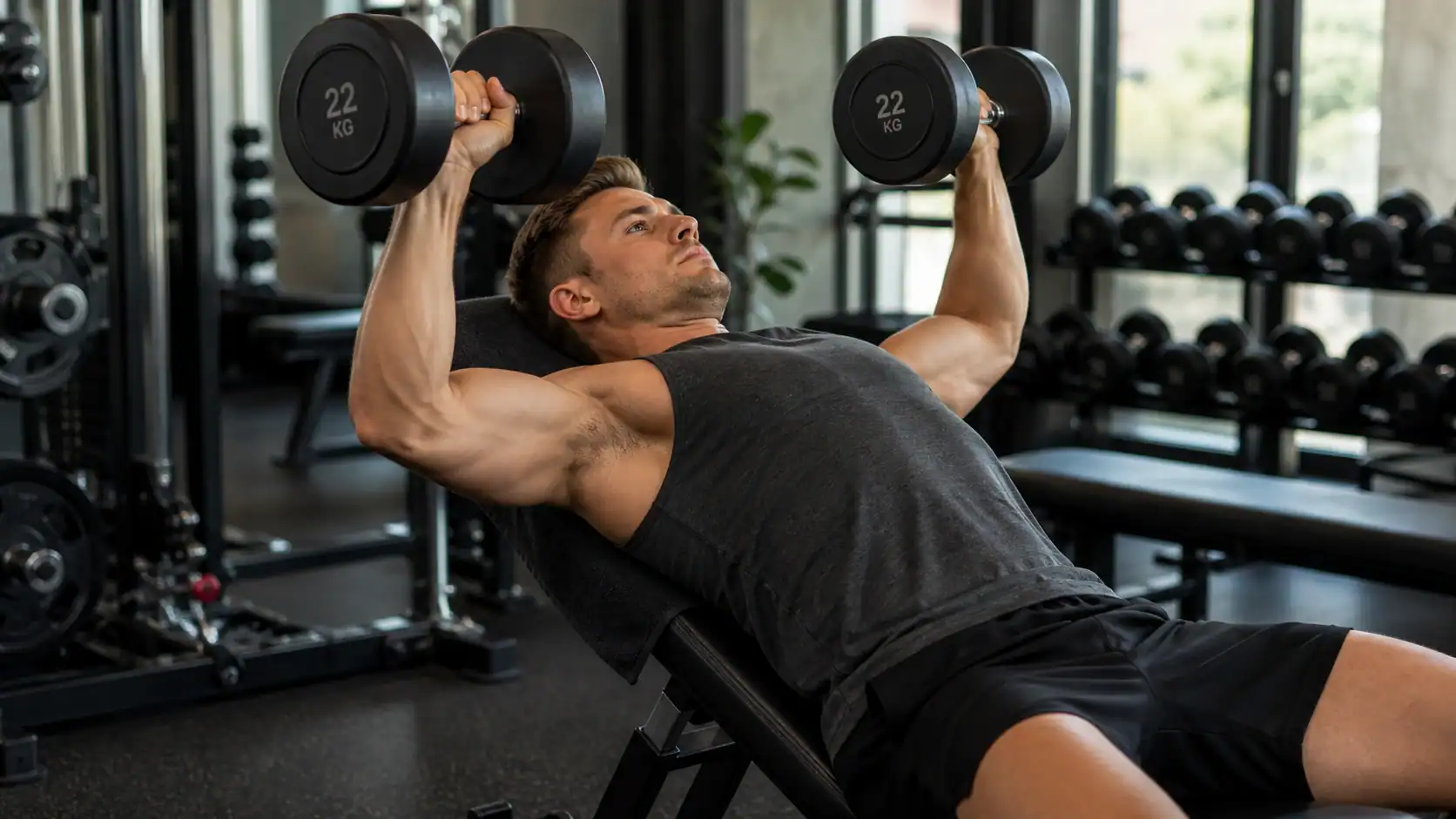 Mand laver incline dumbbell press i fitnesscenter som en af de bedste øvelser til bryst.