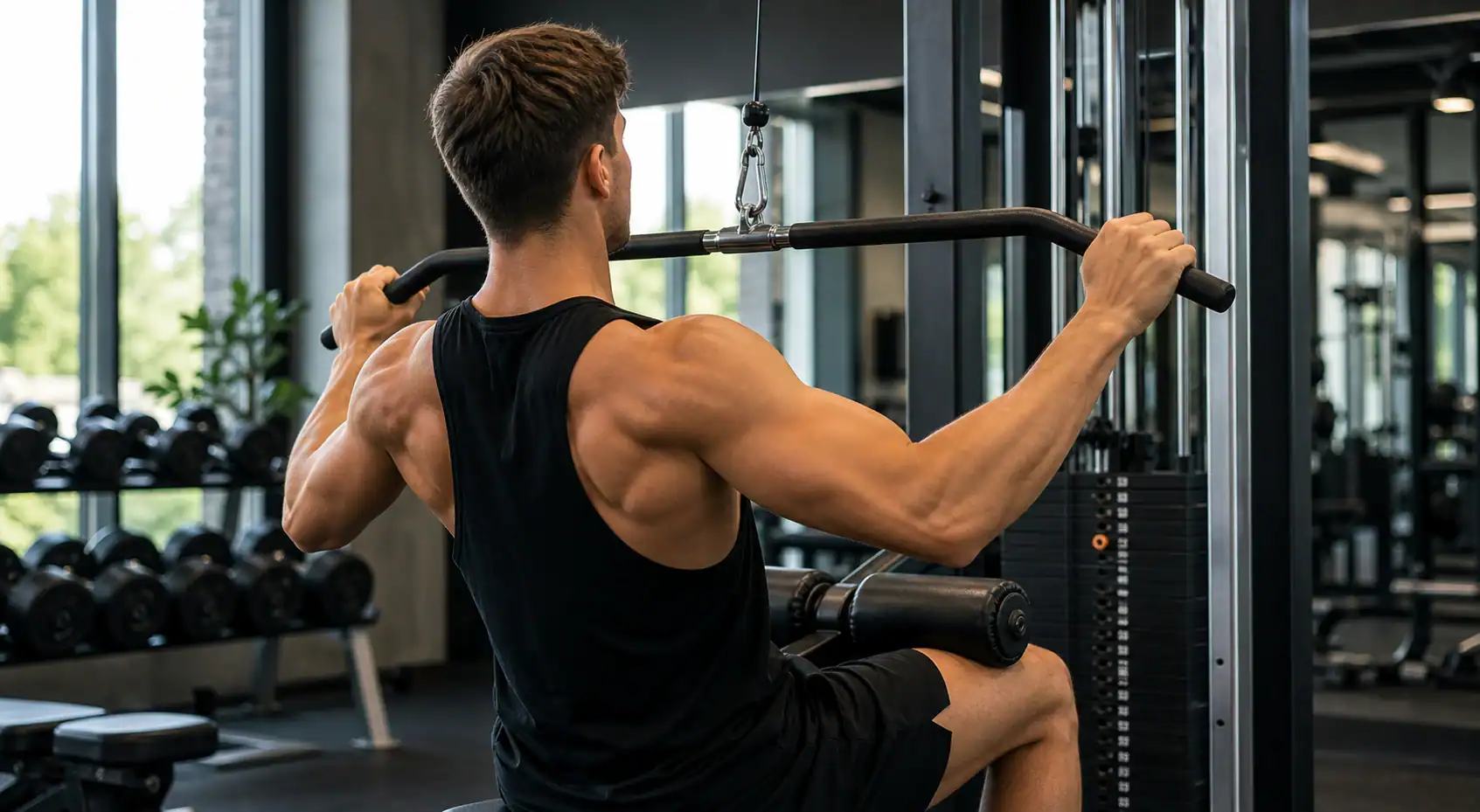 Mand laver lat pulldown i fitnesscenter som en af de bedste øvelser til ryg.
