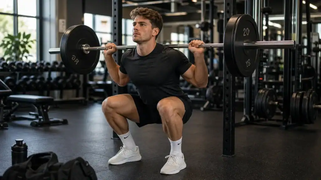 Mand laver squat med vægtstang i et fitnesscenter som del af et full body træningsprogram.