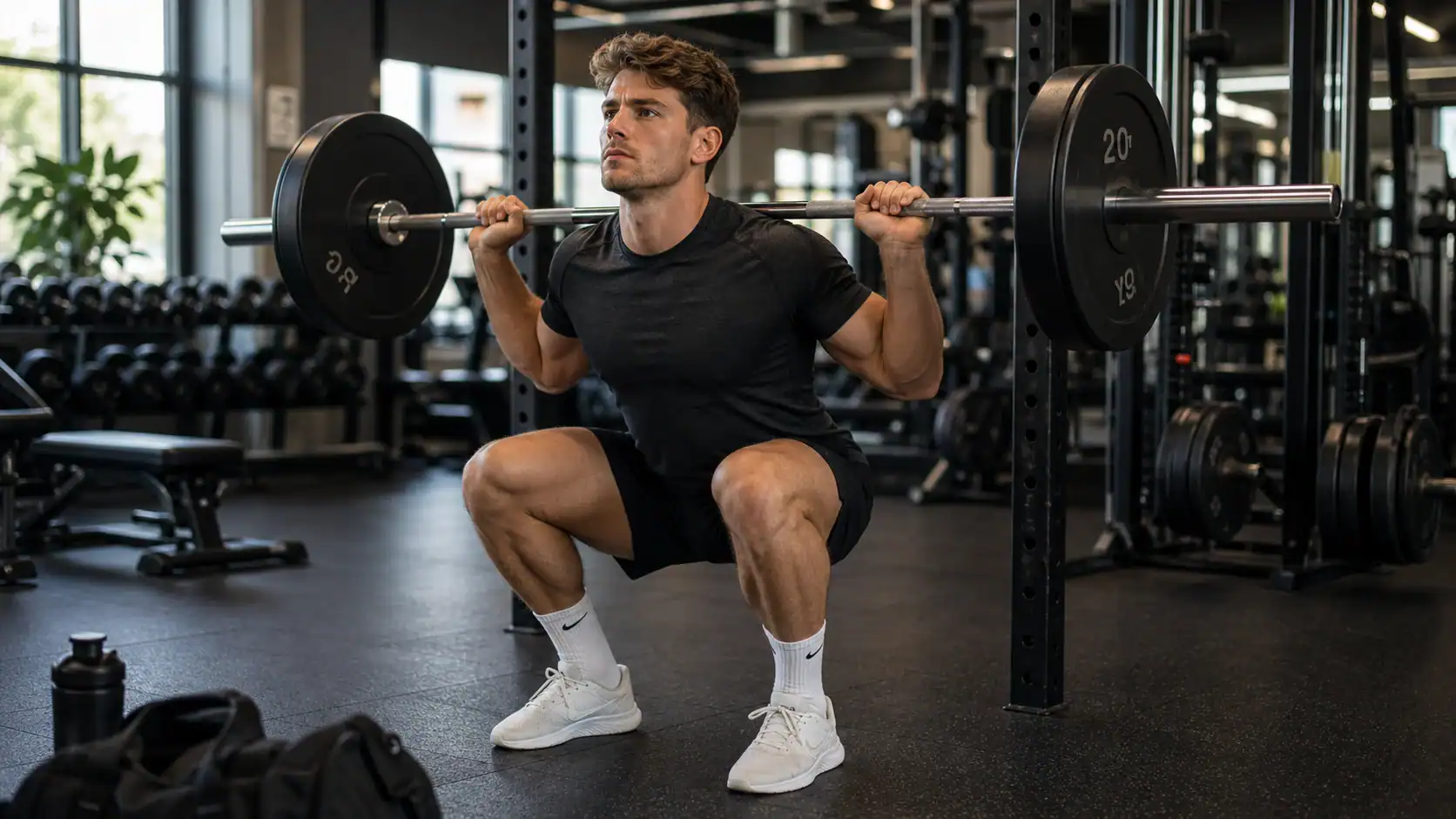 Mand laver squat med vægtstang i et fitnesscenter som del af et full body træningsprogram.