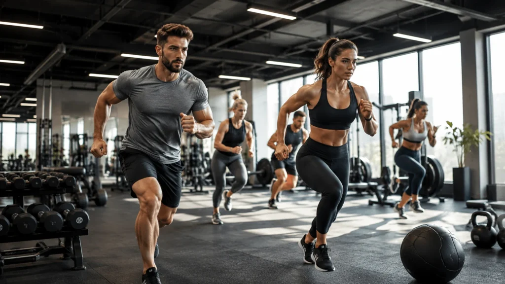 Kvinde og mand laver intensiv anaerob træning med sprintøvelser i et fitnesscenter.