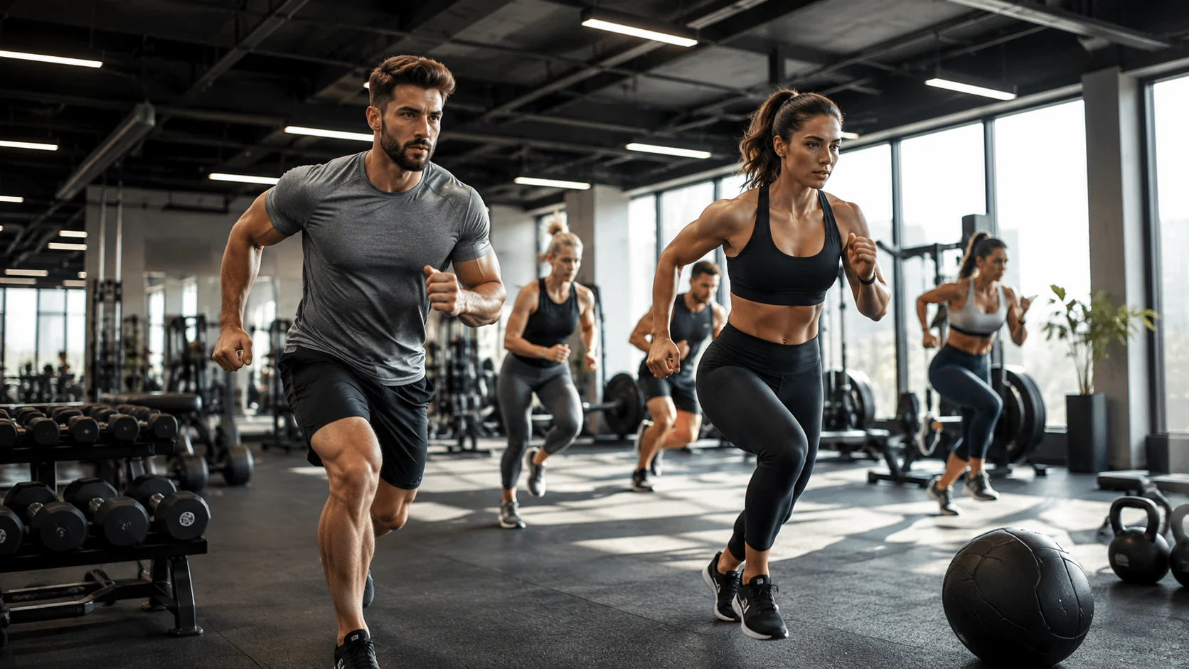 Kvinde og mand laver intensiv anaerob træning med sprintøvelser i et fitnesscenter.