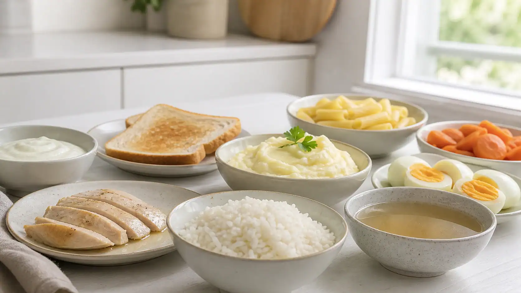 Fiberreduceret kost med hvide ris, pasta, kartoffelmos, lyst brød, yoghurt, æg, suppe og kylling.