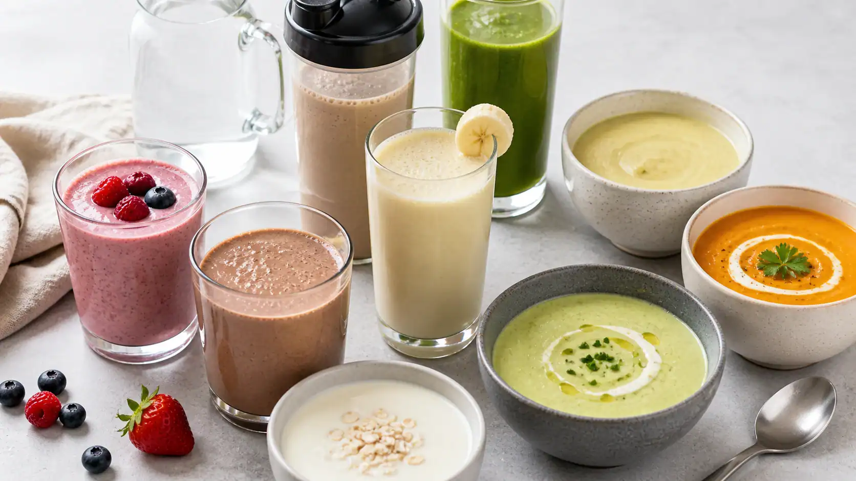 Smoothies, supper, yoghurt og flydende måltider på et lyst bord.