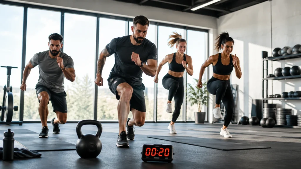 Fire personer laver HIIT træning med høje knæløft i et lyst fitnesscenter.