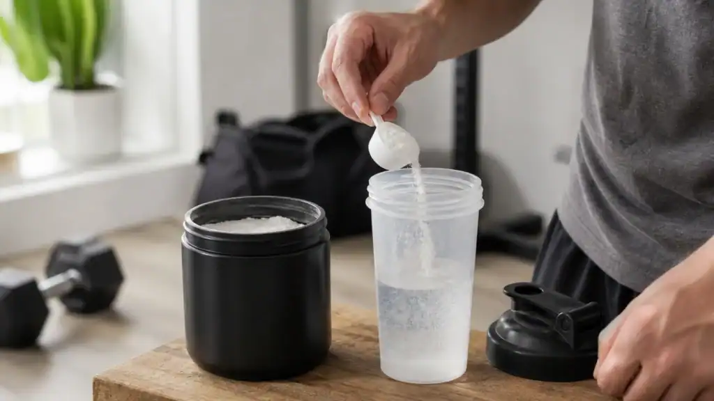 Kreatin hældes fra en måleske ned i en shaker ved siden af en bøtte i et fitnessmiljø.