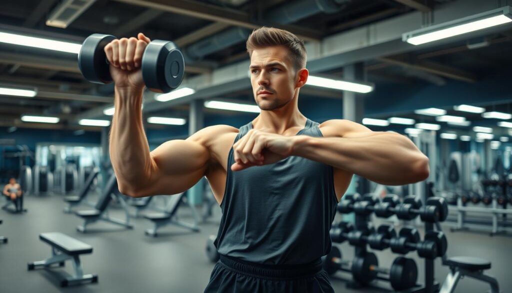 Mand udfører triceps øvelser med vægte Mand udfører triceps øvelser med vægte