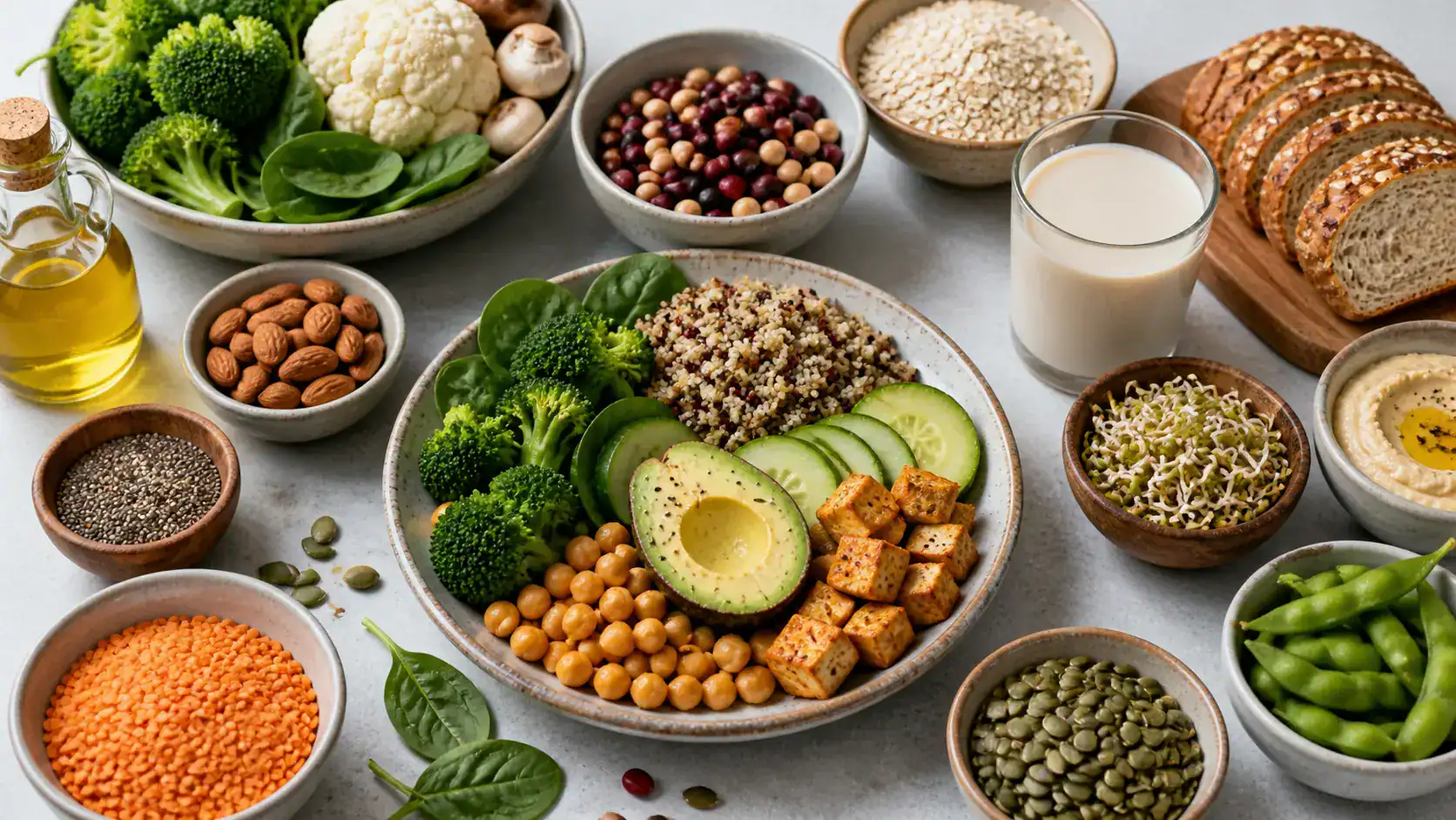 Plantebaseret kost med quinoa, tofu, kikærter, avocado, broccoli, bønner, linser og frø.