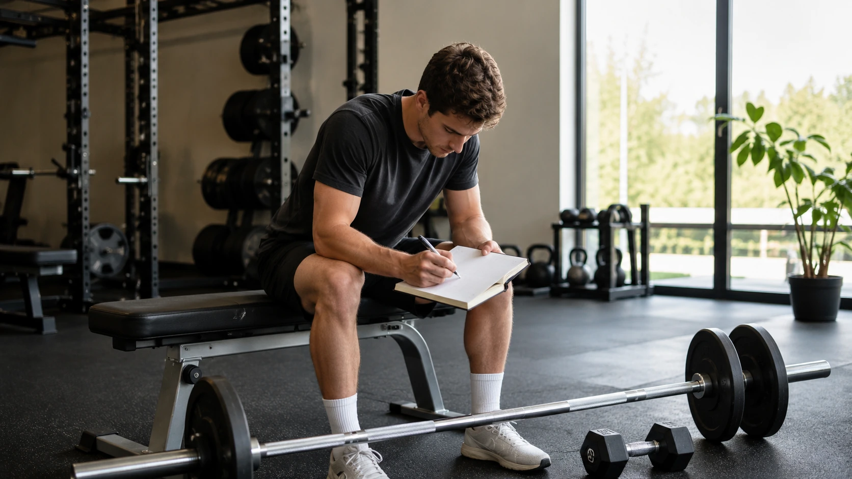 Person noterer træningsdata i en notesbog ved siden af en vægtstang og håndvægt i et fitnesscenter.