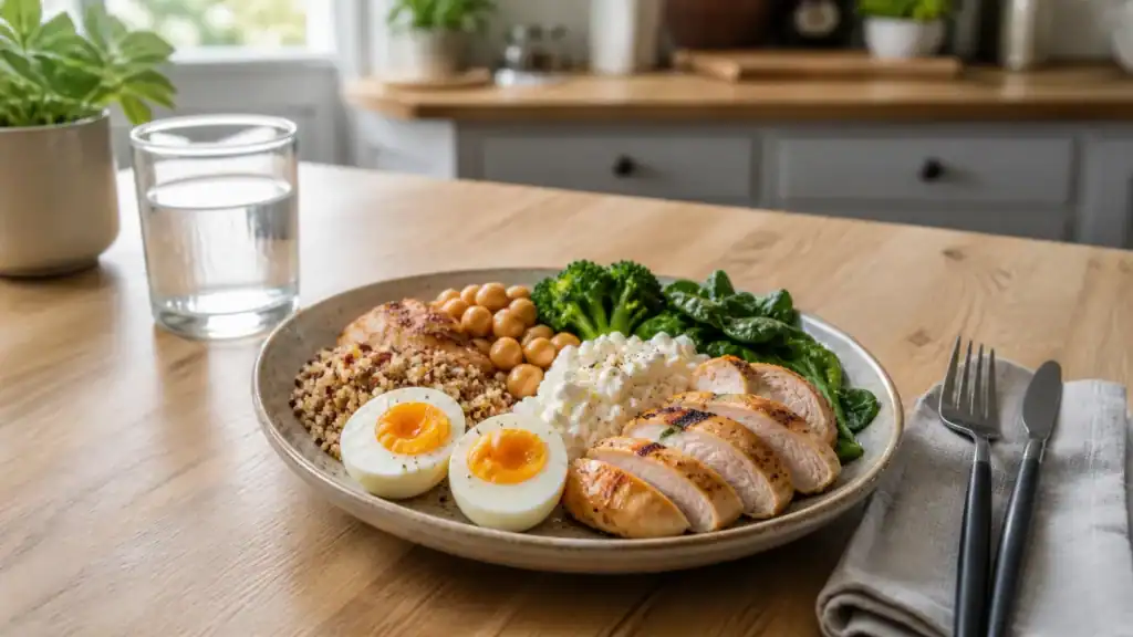 Proteinrig kost med kylling, æg, hytteost, kikærter, quinoa og grønne grøntsager.