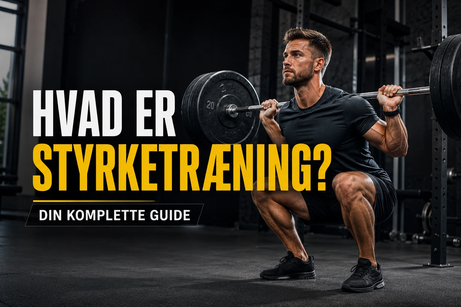 Mand udfører squat med vægtstang i et fitnesscenter.