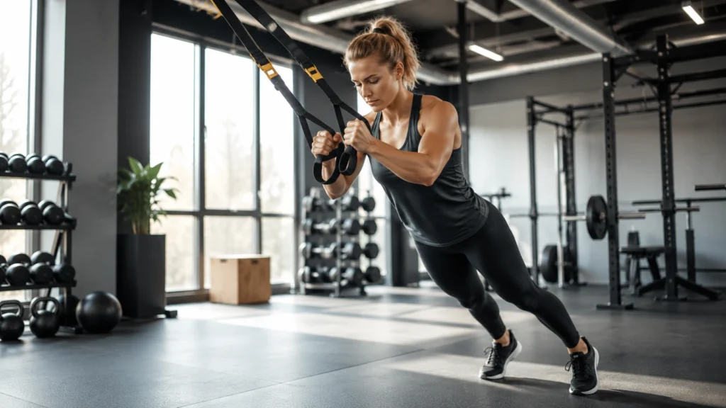 Kvinde laver TRX træning med suspension straps i et lyst fitnesscenter.