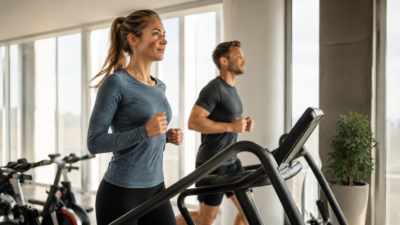 Kvinde og mand laver zone 2 træning på løbebånd i et lyst fitnesscenter.