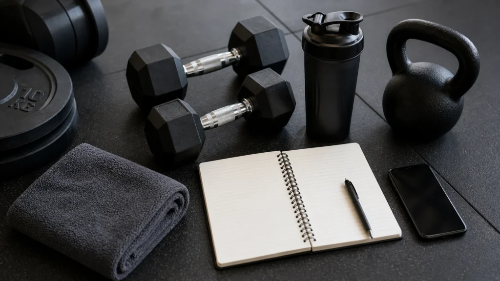 Træningsudstyr med håndvægte, kettlebell, notesbog, shaker og håndklæde til vægttabstræning.