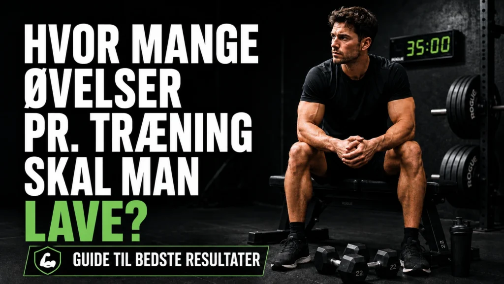 Mand sidder i et mørkt fitnesscenter med håndvægte foran sig som illustration til artiklen om, hvor mange øvelser pr. træning man skal lave.
