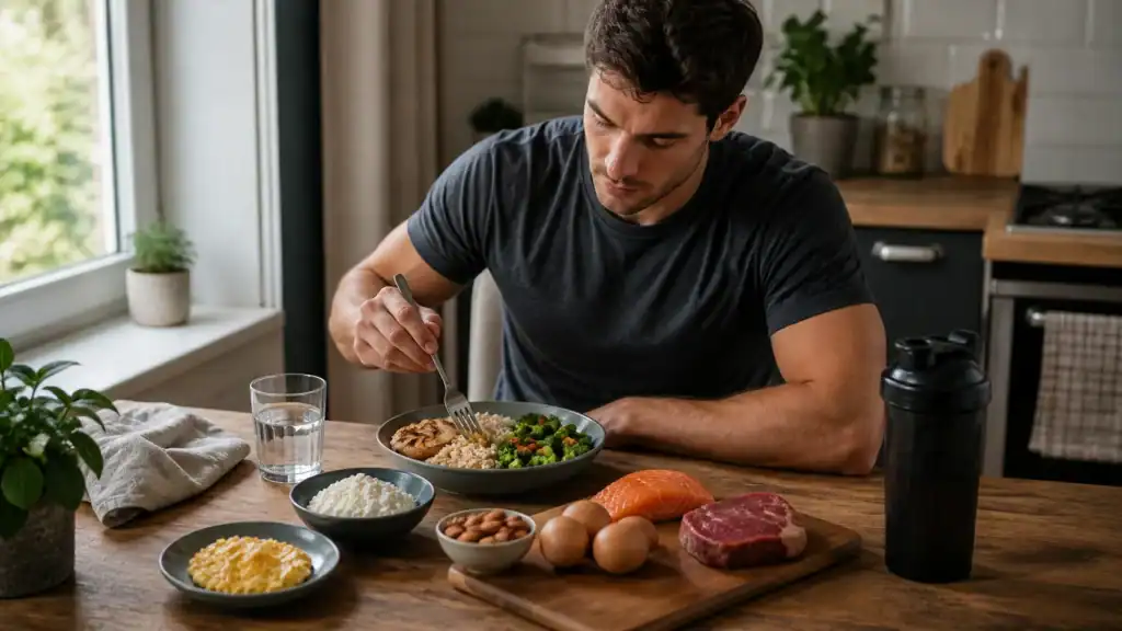 Mand spiser proteinrigt måltid med kylling, ris og grøntsager ved siden af æg, laks, kød og shaker.