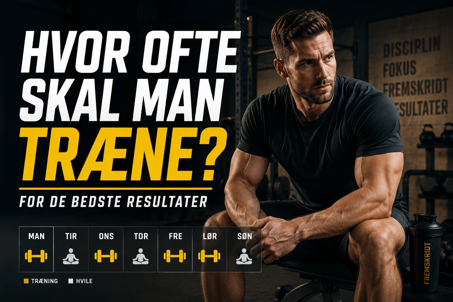 Mand sidder i et fitnesscenter med træningsudstyr og en ugentlig træningsplan, som illustration til en artikel om hvor ofte man skal træne for de bedste resultater.