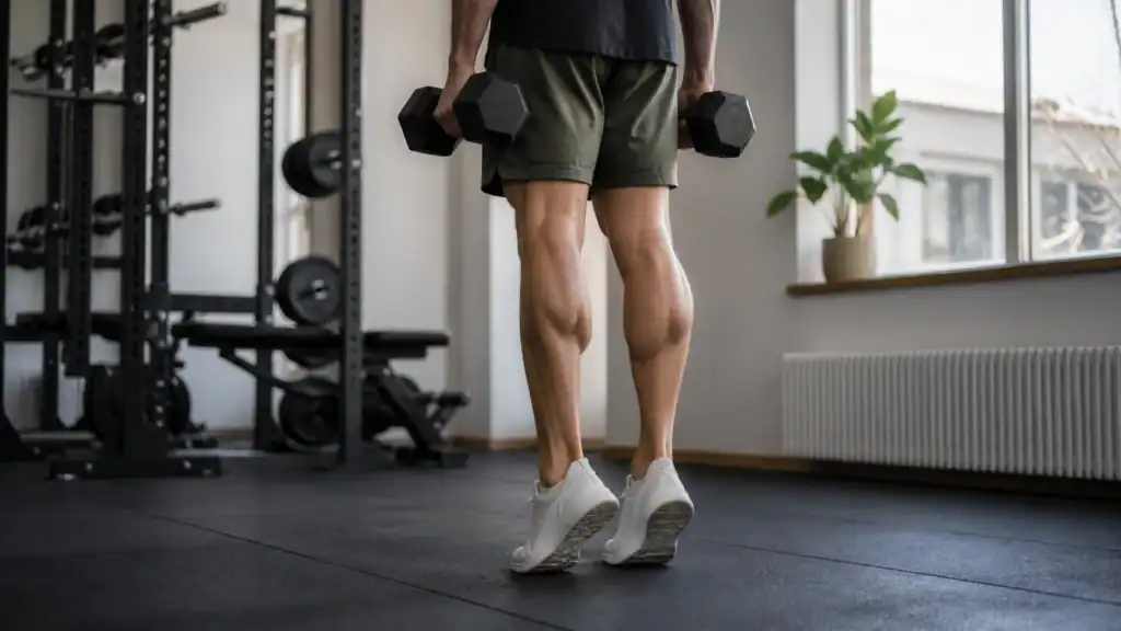 Person laver calf raises med håndvægte i et fitnesscenter for at træne større lægge.