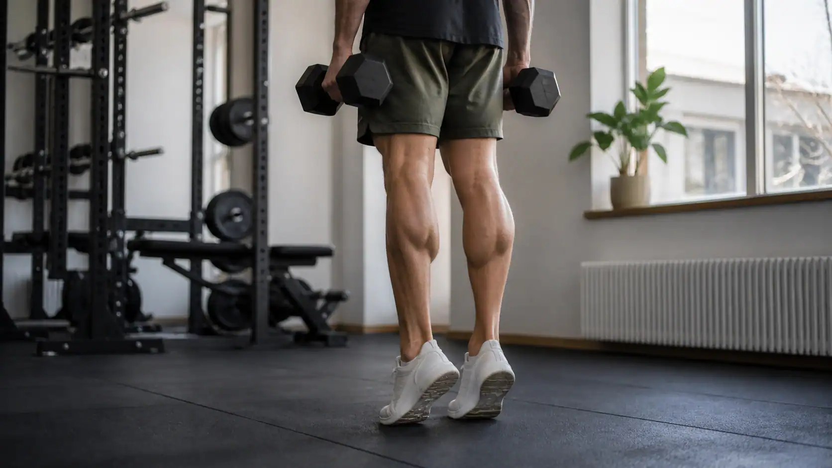 Person laver calf raises med håndvægte i et fitnesscenter for at træne større lægge.