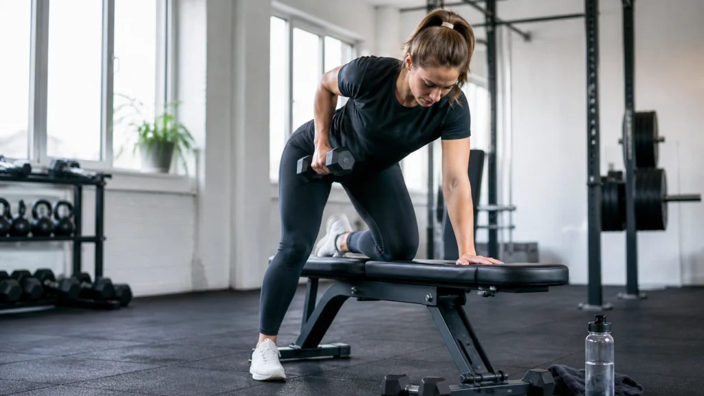 Kvinde træner med håndvægt på bænk i fitnesscenter som del af effektiv træning til vægttab.