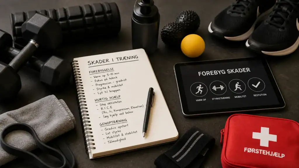 Forebyggelse af skader i træning med håndvægte, foam roller, træningssko, notesbog og førstehjælpstaske.