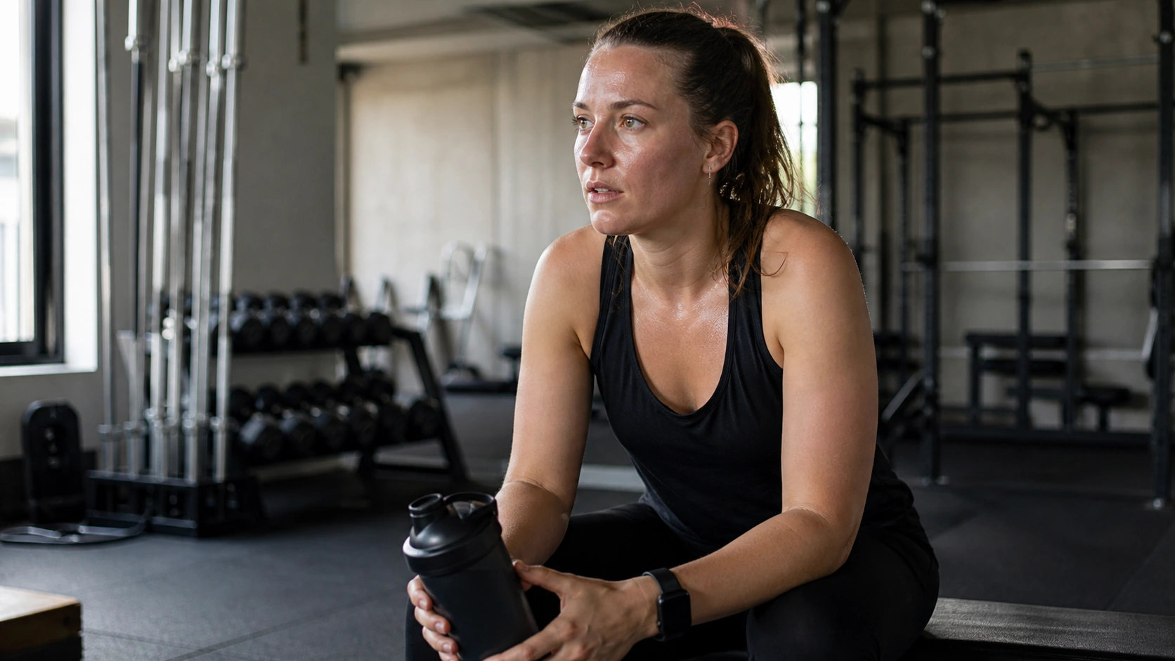 Kvinde med let sved i ansigtet sidder i fitnesscenter med shaker efter træning.