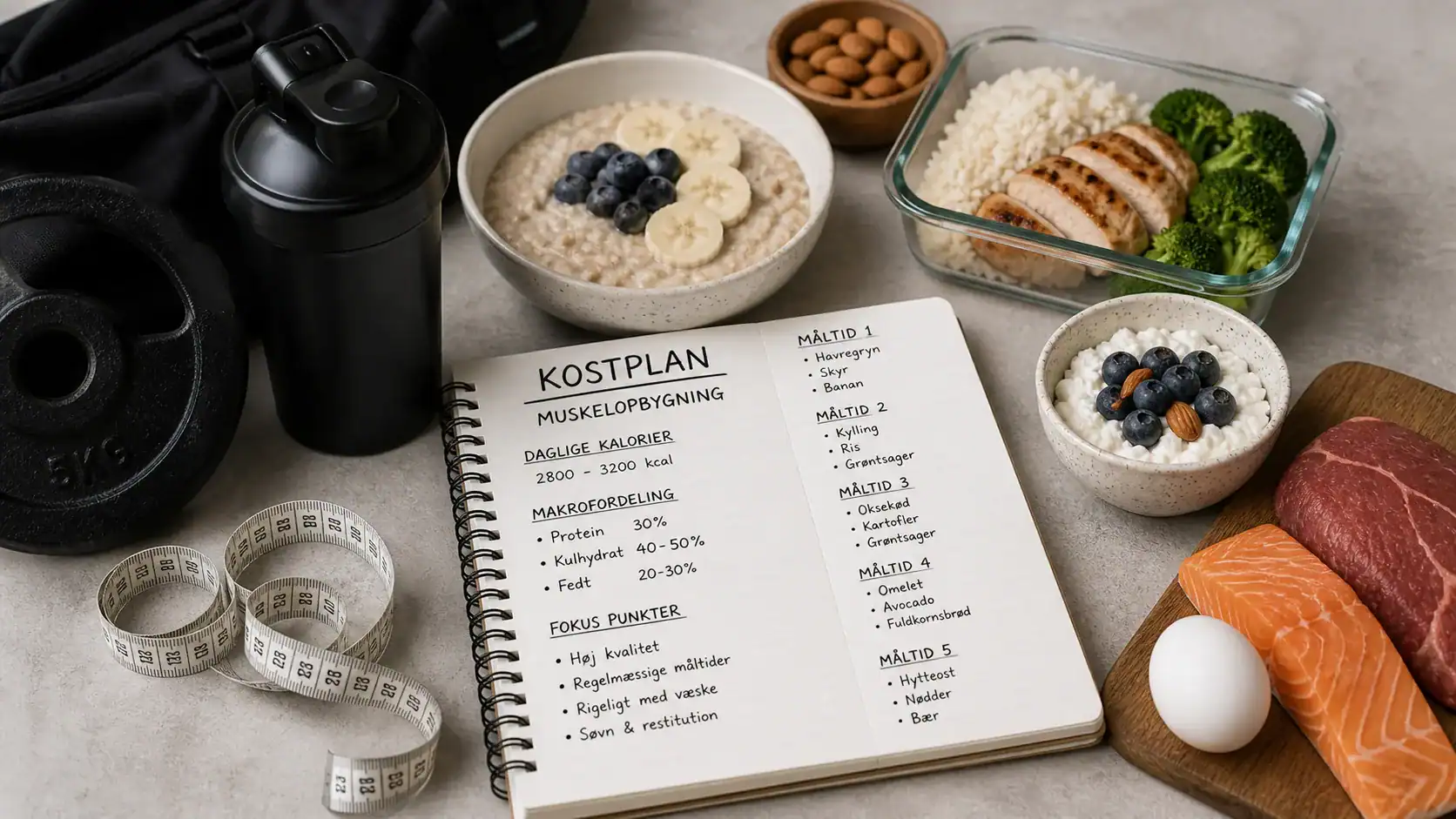 Kostplan til muskelopbygning med proteinrige måltider, shaker, vægt, målebånd og notesbog.