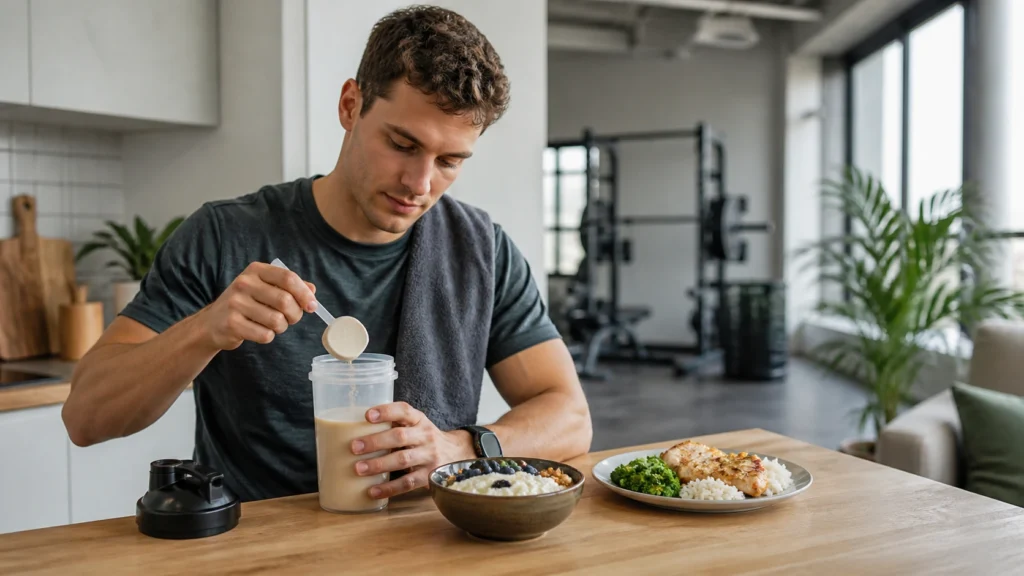 Mand blander proteinshake efter træning ved siden af proteinrigt måltid med kylling, ris og skyr.
