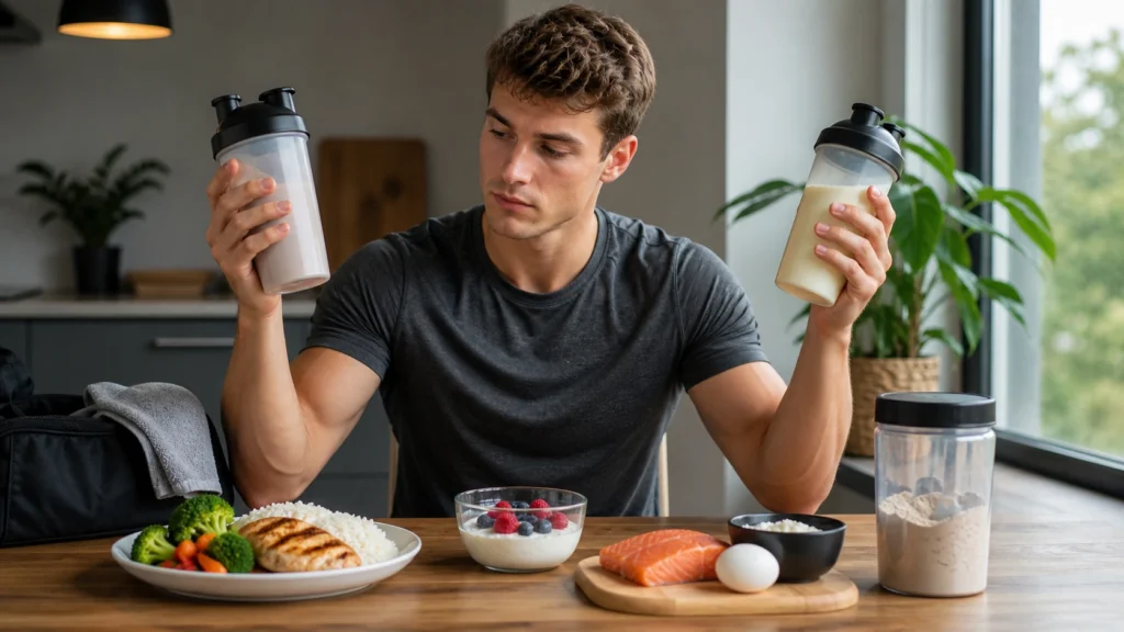 Mand sammenligner proteinshakes før eller efter træning ved siden af proteinrig mad på et køkkenbord.