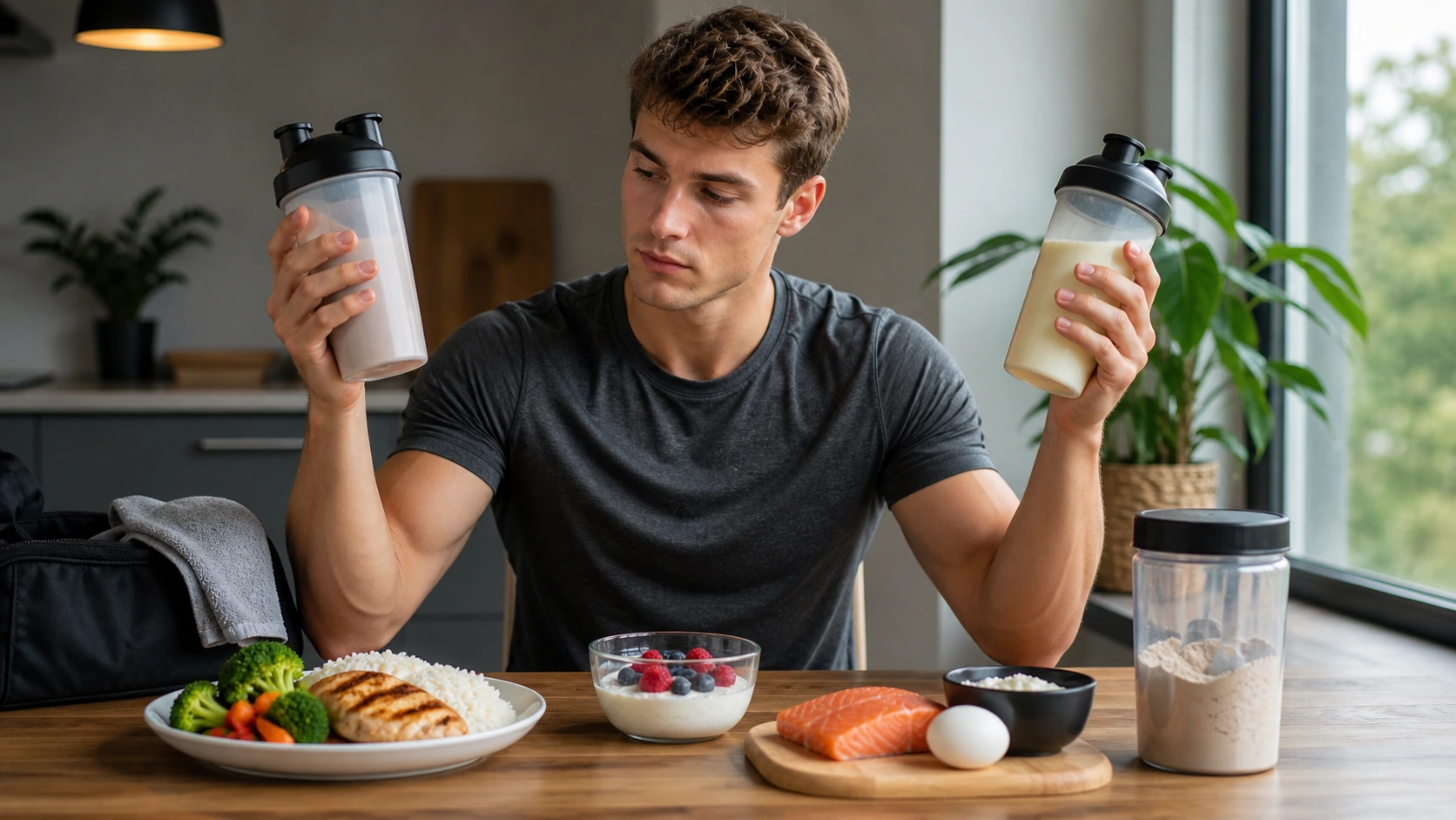 Mand sammenligner proteinshakes før eller efter træning ved siden af proteinrig mad på et køkkenbord.