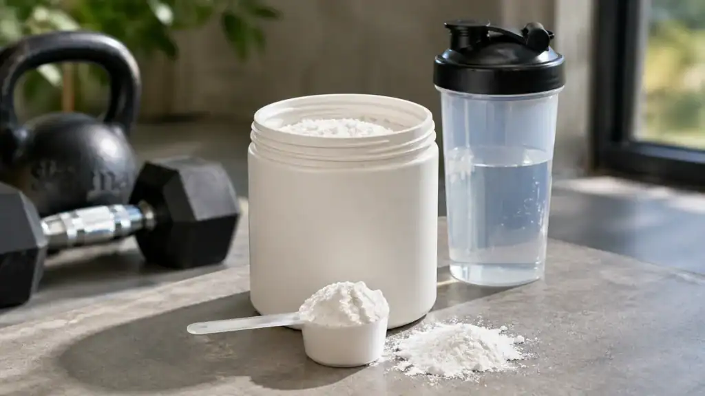 Kreatinpulver i bøtte med måleske og shaker ved siden af træningsudstyr.