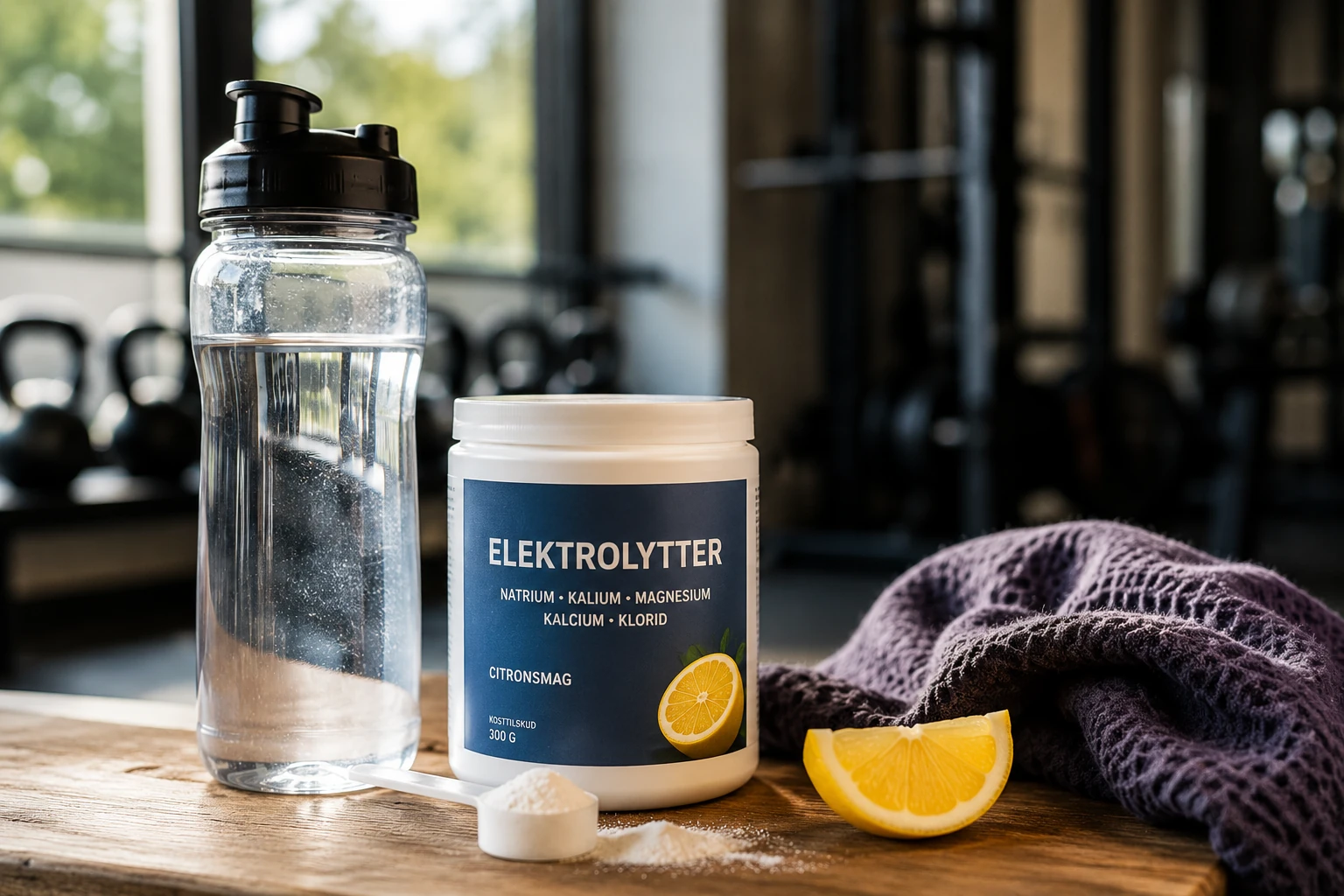 Vandflaske og elektrolytpulver ved siden af en citron som illustration af elektrolytter efter træning