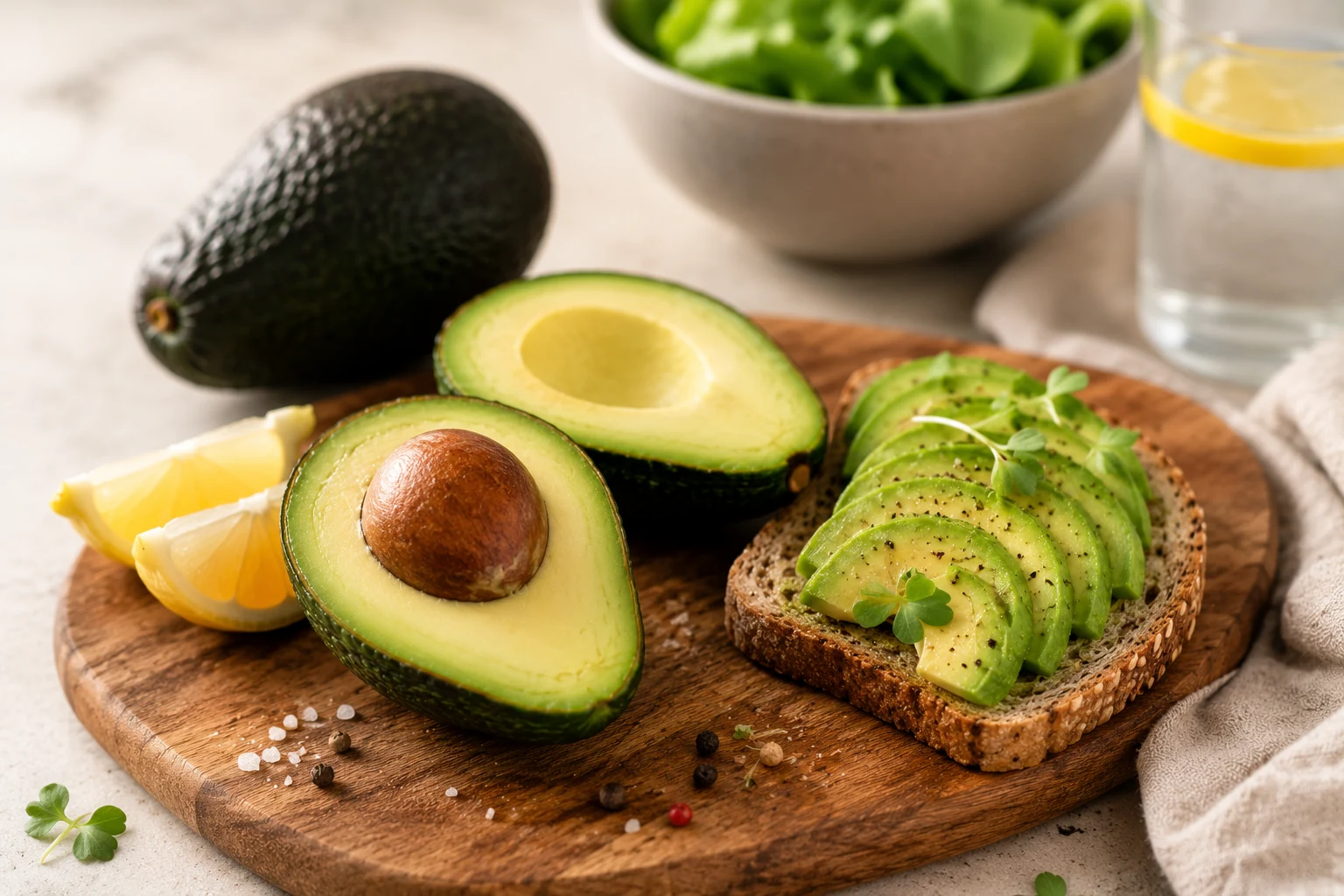 Avocado på rugbrød med en halv avocado ved siden af som illustration af en passende mængde avocado i kosten