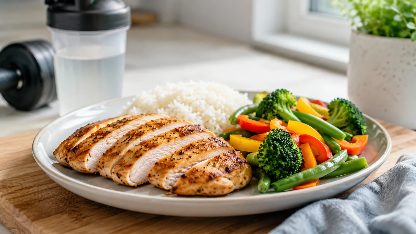 Kylling med ris og grøntsager som måltid efter træning med protein og kulhydrater