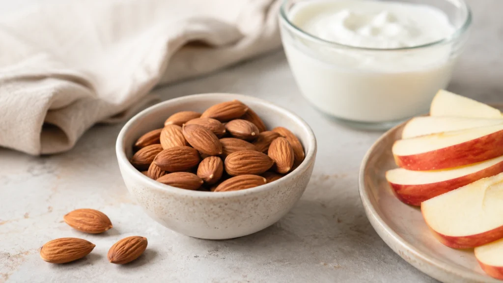 Lille skål med mandler, æbleskiver og yoghurt som snack til vægttab