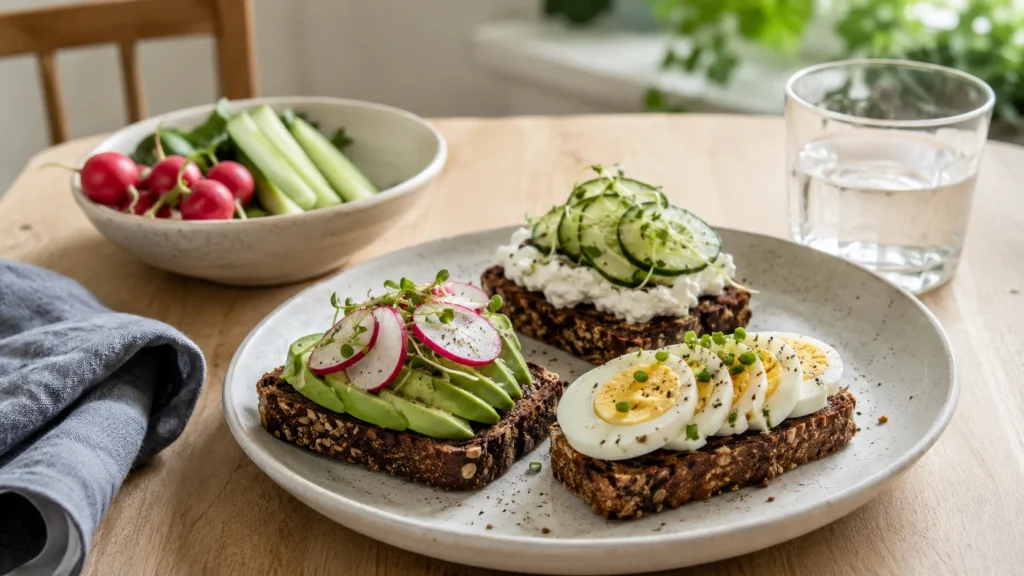 Tre stykker rugbrød med sundt pålæg på en tallerken.