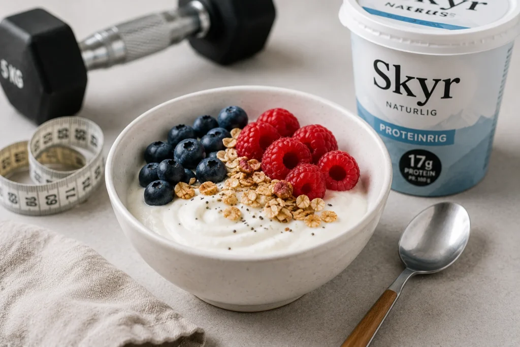 Skål med skyr, bær og granola ved siden af et målebånd som illustration af skyr til vægttab