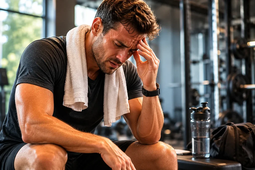 Person med hovedpine efter træning sidder på en bænk i et fitnesscenter