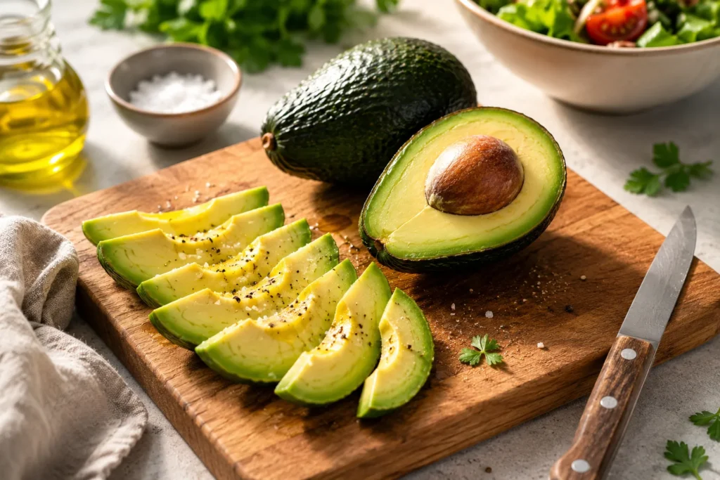 Halveret avocado og skiver af avocado på et træbræt som illustration af kalorier, fedt og næring i avocado