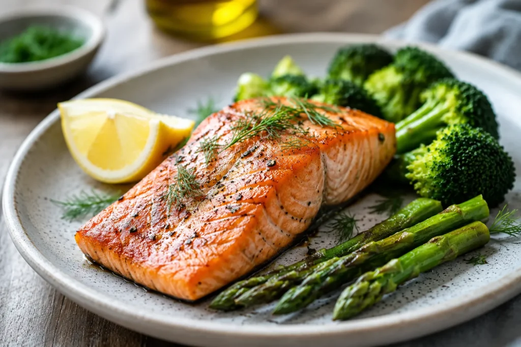 Stegt laks med broccoli, asparges, citron og dild som illustration af protein, omega-3 og kalorier i laks