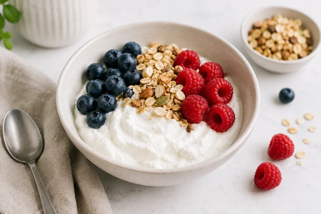 Skål med skyr, blåbær, hindbær og granola som illustration af proteinindholdet i skyr