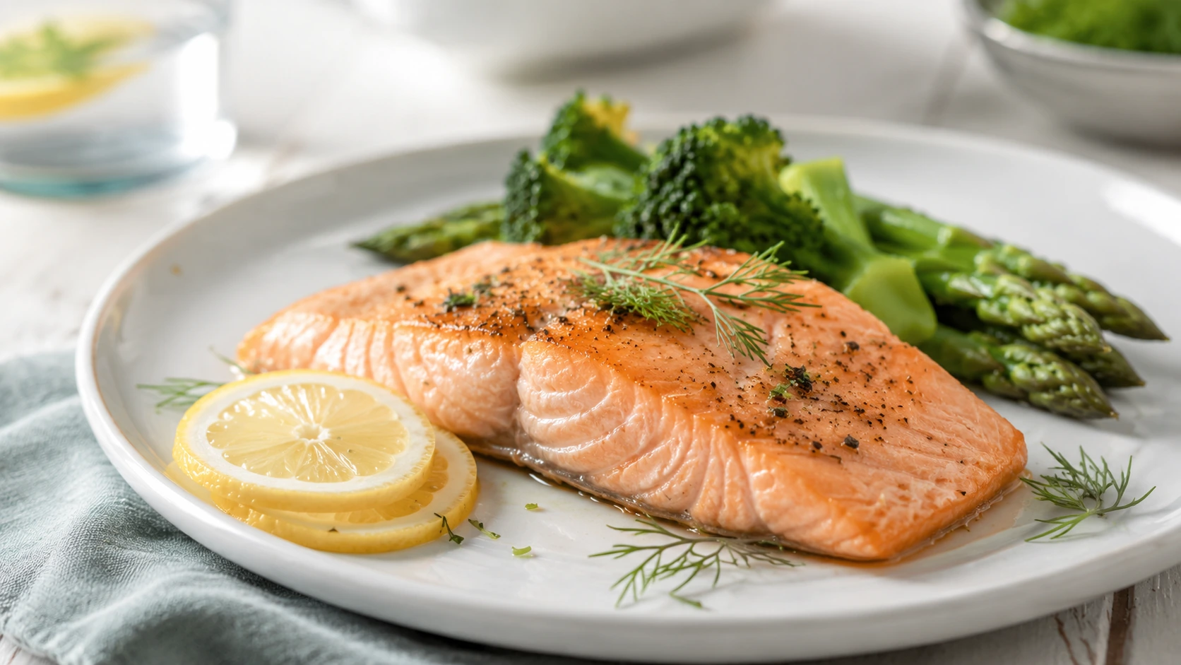 Stegt laks med broccoli, asparges, citron og dild som sundt måltid