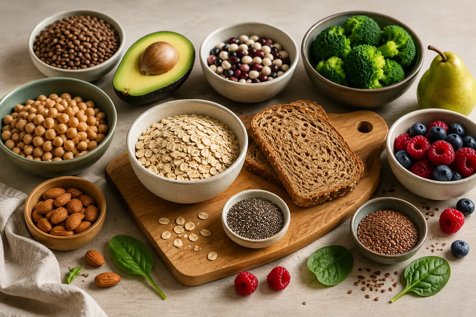 Kostfibre som havregryn, fuldkornsbrød, kikærter, linser, broccoli, bær og nødder.