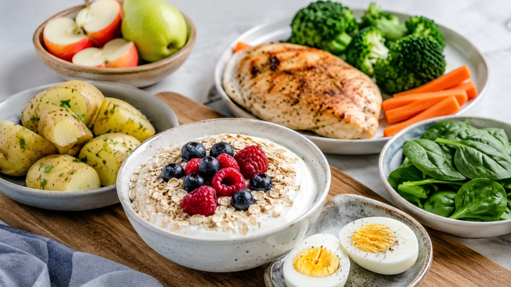 Mad der mætter med skyr, havregryn, bær, æg, kartofler, kylling, broccoli, gulerødder, spinat og æbler.