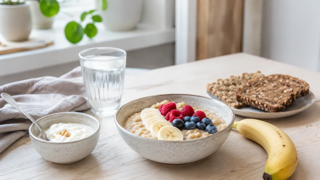 Mad før træning med havregrød, banan, bær, yoghurt og vand.