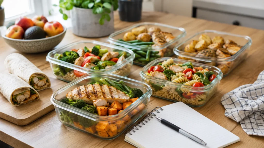 Flere meal prep-bokse med kylling, grøntsager, kartofler, pasta og wraps på et køkkenbord