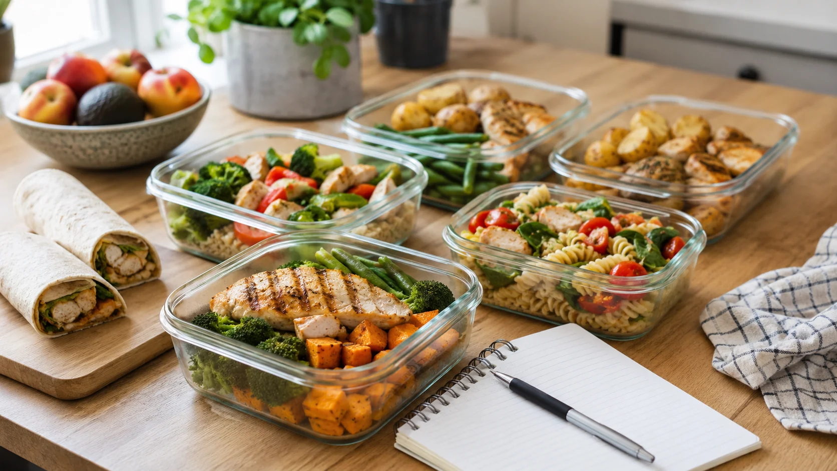Flere meal prep-bokse med kylling, grøntsager, kartofler, pasta og wraps på et køkkenbord